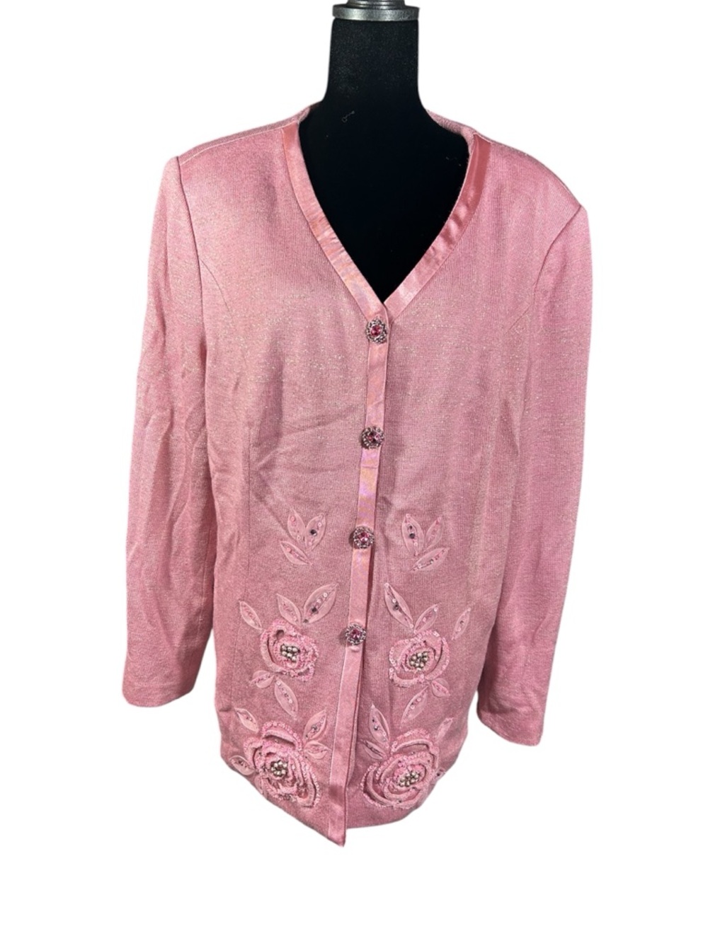 Donna Vinci Knits Pink Metallic Jacket Womens 18 Floral 3D Jewel Button Luxury